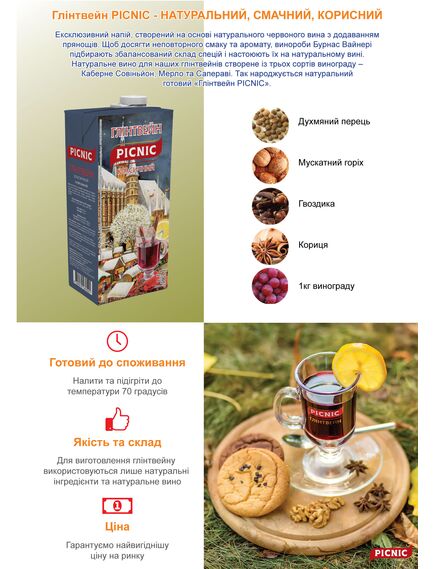 Глінтвейн з соком гранату. Напій виноградний винний червоний. PICNIC ГЛІНТВЕЙН Bag In Box 10л, зображення 4