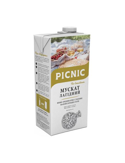 Мускат лагідний. Вино, сортове напів сололодке біле, Мускат лагідний PICNIC 1л., зображення 2