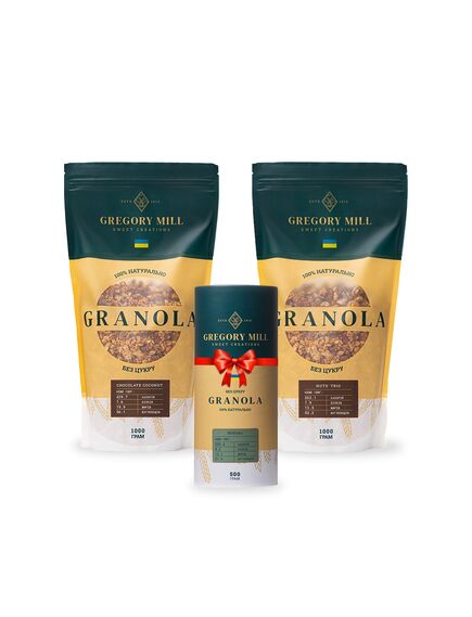 Набір граноли Chocolate Coconut, Nuts Trio 2 кг & Almond 500г у подарунок Gregory Mill