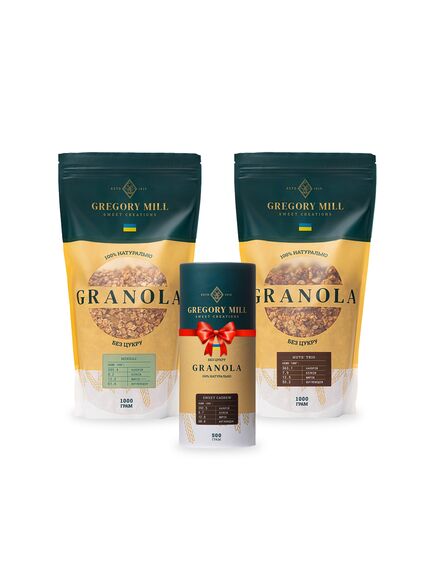 Набір граноли Almond, Nuts’ Trio 2 кг & Sweet Cashew 500г у подарунок Gregory Mill